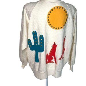 Fettucini Womens Jacket Cream Size Large L Vintage Quilted Cactus Applique Stud